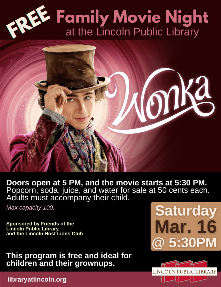 Flyer of the movie Wonka, with event details.